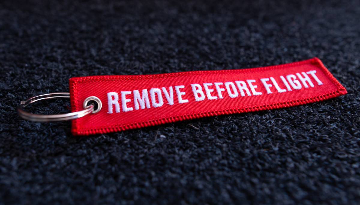 Red remove before flight keychain Embroidery 4.72x0.98 inch